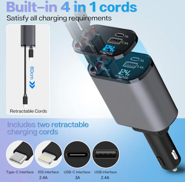 4-in-1 Retractable Car Mobile Charger - Verstile Shop